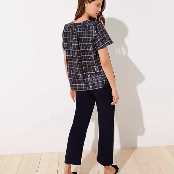 NEW Loft 18W Blue Shimmer Plaid Ruffle Peasant Top - Picture 2 of 6